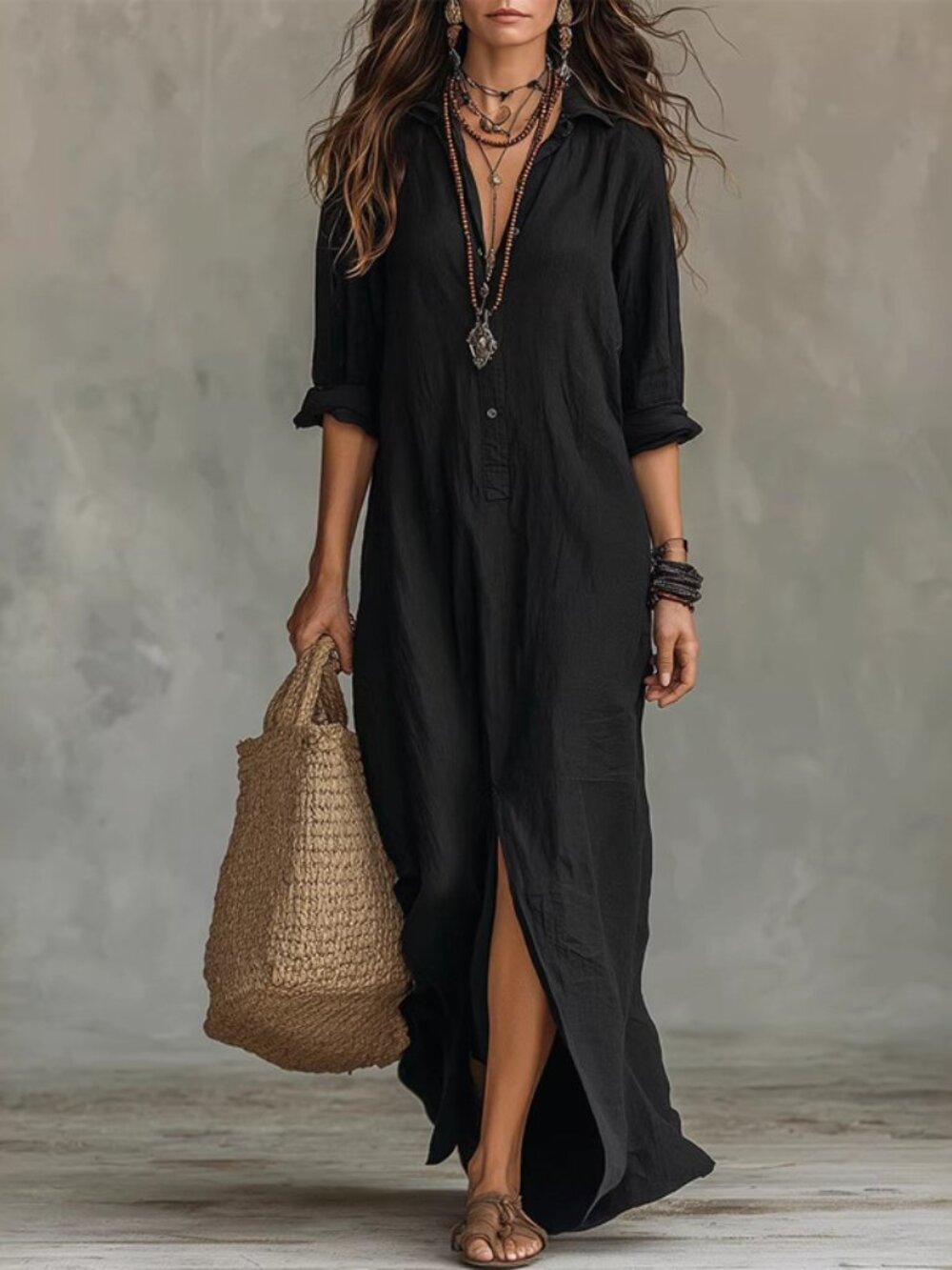 Black Collared Long Dress Half Button Front Slit Roll‑up Sleeve